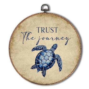 Imagem de Yorhifa Arte de parede emoldurada de tartaruga marinha azul vintage, arte de parede redonda de praia marítima, decoração de parede redonda de praia costeira, tartaruga marinha retrô Trust the Journey