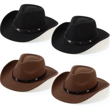 Imagem de Mumufy 4 peças de chapéu de caubói clássico ocidental masculino de feltro de aba larga, chapéu feminino com fivela de cinto para adultos, Preto, café, tamanho �nico
