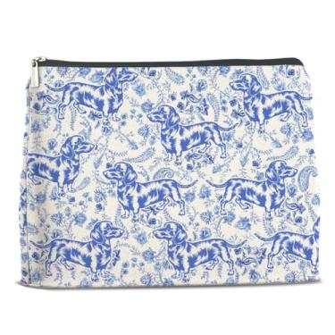 Imagem de Dachshund floral azul bolsa de maquiagem humor bolsas de cosméticos para mulheres amantes de doxie, presentes de mãe Doxie Dachshund chique bolsa de maquiagem com zíper bolsa organizadora de higiene