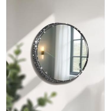 Imagem de Mulixis Espelho de parede de diamante de cristal preto espelho de maquiagem espelho redondo de 30 cm para quarto espelho de vidro real para decoração de parede