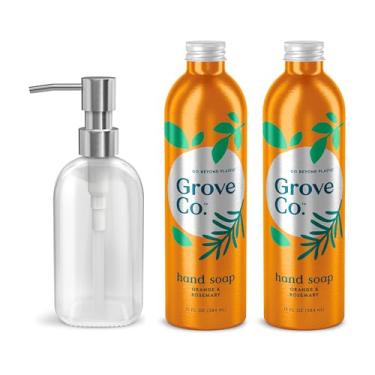 Imagem de Grove Co. Recargas de sabonete para mãos em gel hidratante (2 x 13 Fl Oz) + 1 dispensador de sabonete de vidro reutilizável, sem plástico e líquido, fragrância natural de laranja e alecrim