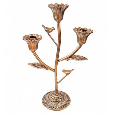 Imagem de Suporte de castiçal vintage para vela cônica, candelabro de ferro fundido de 3 braços para decoração de mesa de centro de casamento, decoração de mesa de lareira de lareira, ouro antigo