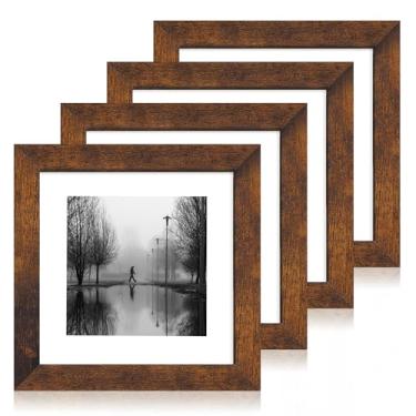 Imagem de iRahmen Conjunto de 4 molduras de 20 x 20 cm com vidro HD, tela de 15 x 15 cm com tapete ou 20 x 20 sem tapete, moldura de madeira rústica para suporte de parede e mesa