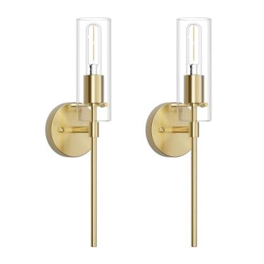 Imagem de Aoceley Conjunto de 2 arandelas de parede de latão, luminária de casa de fazenda, luminária moderna de parede interna com sombra de vidro transparente para banheiro, quarto, sala de estar, corredor