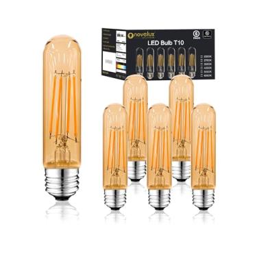 Imagem de NOVELUX Lâmpada LED E26 de 5 polegadas igual a 80 watts, lâmpada Edison vintage branca âmbar 2200K 6W regulável, 800LM T10 T9 lâmpadas tubulares de vidro AC 120V para lustre tubo pendente de luz de