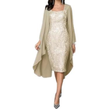 Imagem de Vestido Casual Feminino Na Altura Do Joelho Mãe Da Noiva Vestidos Conjunto De Duas Peças Vestido, Beige, L