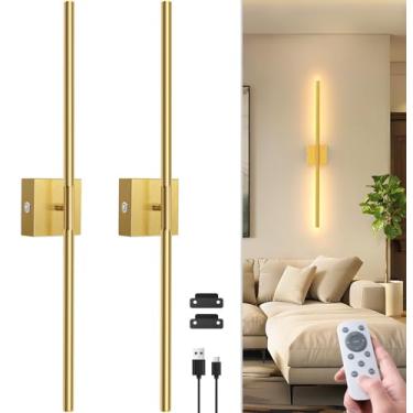 Imagem de NIORSUN Conjunto de 2 arandelas de parede operadas por bateria de 71 cm, luzes de parede recarregáveis douradas com rotação de 360° com tubo removível e controle remoto, lâmpada de parede sem fio
