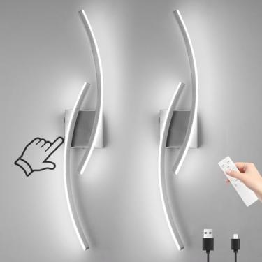 Imagem de Sovinzert Conjunto de 2 arandelas de parede operadas por bateria, arandelas de parede de níquel escovado com controle remoto, luminária de parede LED moderna sem fio 3000K-6000K para sala de estar