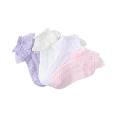 Imagem de Meias De Renda Com Babados Para Meninas, 4 Pares, Respiráveis, Confort