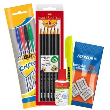 Imagem de Kit Escolar 14 Itens Canetas BIC + Borracha Mercur + Lápis Preto + Cor