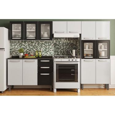 Imagem de Kit de Cozinha Modulada 4 Peças Evidence (2 Armários + 1 Balcão + 1 Paneleiro) C4P55 Branco/Preto - Bertolini