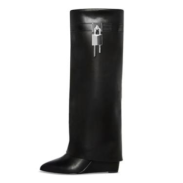 Imagem de ZJGZF Botas femininas dobráveis, cano alto, preta, bico fino, salto cunha, panturrilha, couro sintético, tubarão, com cadeado, Preto, 41