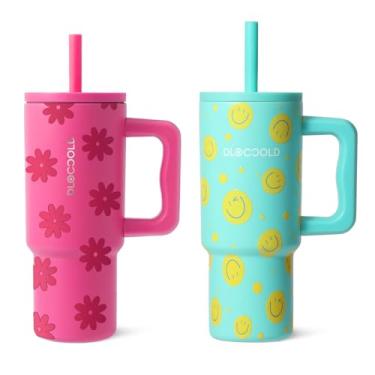 Imagem de DLOCCOLD Copo infantil de 680 g com alça e tampa de canudo de silicone, copo isolado à prova de vazamento com tampa resistente a derramamentos, caneca reutilizável de aço inoxidável para meninos e