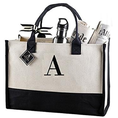 Imagem de Mud Pie Sacolas clássicas de lona preta e branca com inicial (A), 100% algodão, 43 x 48 x 5 cm