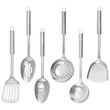 Imagem de Conjunto de 6 peças de utensílios de cozinha de aço inoxidável, ferramentas de cozinha resistentes ao calor com espátula com fenda, colher redonda grande, concha de sopa, espátula de arroz, utensílios