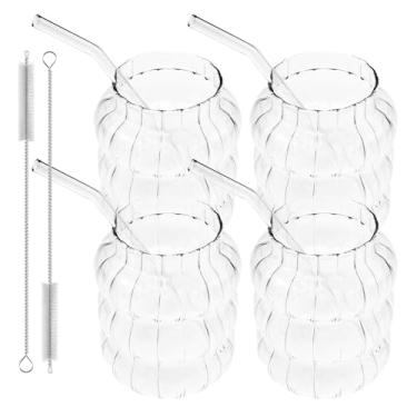 Imagem de 4 peças de copos de vidro canelados, copos de vidro com nervuras de 623 g com canudo de vidro, copos vintage com design em forma de onda, xícara de café ondulada, para suco, leite, coquetéis (estilo 1