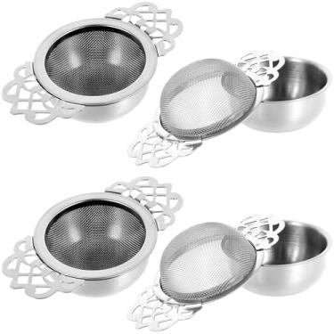 Imagem de 4 filtros de chá com tigelas de gotejamento, infusores de chá de aço inoxidável com alças duplas de asas, filtro de chá de malha fina, infusor de chá para chá de folhas soltas, café, coador de bule de