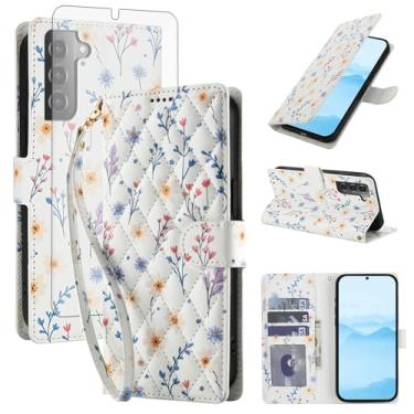 Imagem de Asuwish Capa de celular para Samsung Galaxy S21 Plus S21+ 5G carteira celular com protetor de tela de vidro temperado porta-cartões flor S21+5G S21plus 21S + S 21 21+ G5 mulheres homens uma flor