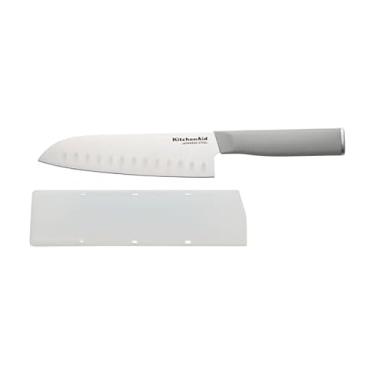 Imagem de KitchenAid Faca Santoku clássica com tampa de lâmina de ajuste personalizado, faca de cozinha afiada, lâmina de aço inoxidável japonês de alto carbono, 18 cm, cinza
