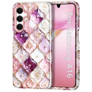 Imagem de Btscase Capa compatível com Samsung Galaxy A16 5G de 6,7 polegadas, padrão elegante 3 em 1, resistente, à prova de choque, PC rígido + capa protetora de silicone macio para mulheres e homens, grade