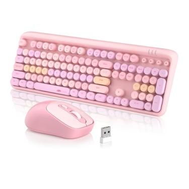 Imagem de MageGee Combo de teclado e mouse sem fio V920, teclado de máquina de escrever retrô de 2,4 G com teclas redondas e modo de hibernação automática, lindo teclado de computador e mouse óptico sem fio