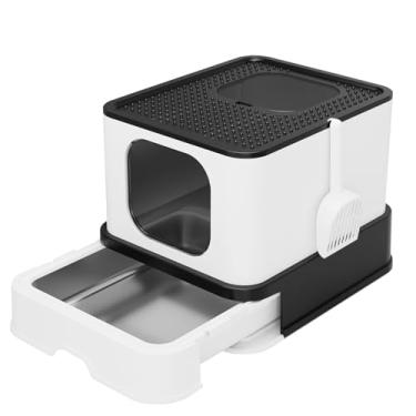 Imagem de RIZZARI Caixa de areia para gatos fechada: design grande anti-vazamento de aço inoxidável controla o odor - preto sem desodorizante - para uso interno