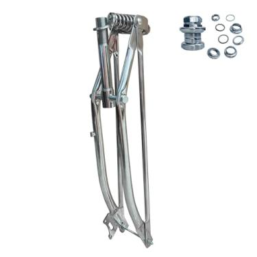 Imagem de CDHPOWER Garfo de suspensão de mola dupla de 66 cm, rosqueado e fone de ouvido, bicicleta Cruiser Chopper Bike Single Spring Classic Fork (prata)