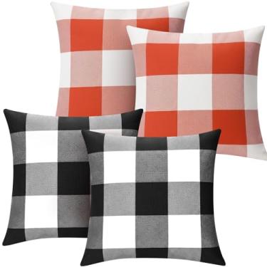 Imagem de Breling Conjunto de 4 capas de almofada xadrez xadrez Farmhouse Buffalo para decoração de Natal, Dia das Bruxas, Ação de Graças, cama de carro, sofá, 45 x 45 cm (preto, branco e laranja branco)