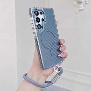 Imagem de Capa protetora de carregamento sem fio magnética de fibra de carbono com cordão de luxo, cinza, para Galaxy S24 Plus