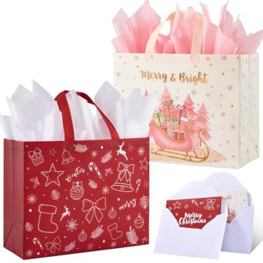 Imagem de YANGTE Sacos de presente de Natal grandes de 33 cm com papel de seda e cartões comemorativos com alças, pacote com 2, sacos de Natal reutilizáveis não tecidos (vermelho e rosa) para embrulho de