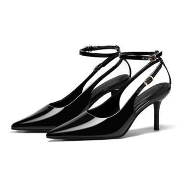 Imagem de Coutgo Sapato social feminino de salto alto fechado com bico fino e tira no tornozelo, Preto, 36