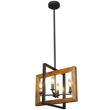 Imagem de Luminária pendente retrô de madeira, luminária pendente vintage de metal industrial, retangular preta, lustre de teto antigo para sala de estar, cozinha, ilha, bar, estudo, mesa de jantar, a