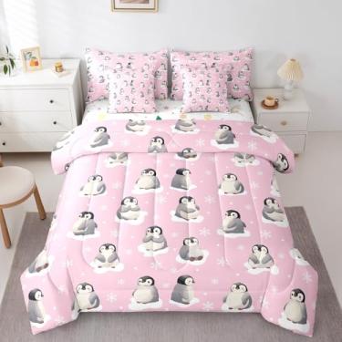 Imagem de Erosebridal Jogo de cama solteiro fofo de pinguim, com flocos de neve kawaii, desenho animado de animais de inverno (edredom + lençol de cima + 2 fronhas + 2 fronhas + 2 fronhas), conjunto de cama com