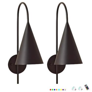 Imagem de Conjunto de dois apliques de parede, luminárias de parede internas operadas por bateria, luminárias de parede LED pretas foscas, apliques com fio reguláveis, luminária de parede sem fio para