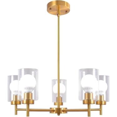 Imagem de Lustre 5 Luzes Moderno Fazenda Ouro Lustre Grampo Vidro Abajur Montagem Embutida Luz de Teto Grande Iluminação Pendente Industrial Sala de Jantar Lâmpada Pendente para Sala de Estar Quarto C