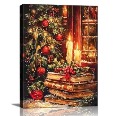 Imagem de Impressão em tela emoldurada de arte de parede de Natal vintage, estante rústica temperamental natureza morta para decorações de Natal, ideia de presente de feriado Dark Academia e decoração de sala