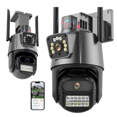 Imagem de Camera de Segurança Duas Lentes Wifi App Lente Dupla Alarme Sirene Visao Noturna Microfone Sensor Movimento Alto Falante