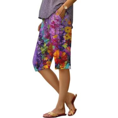 Imagem de Shorts DMOYALA com estampa floral de linho de cintura alta para mulher
