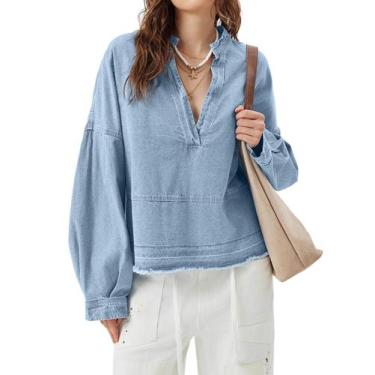 Imagem de Blusa jeans feminina PLNOTME com decote em V e manga bufante de algodã