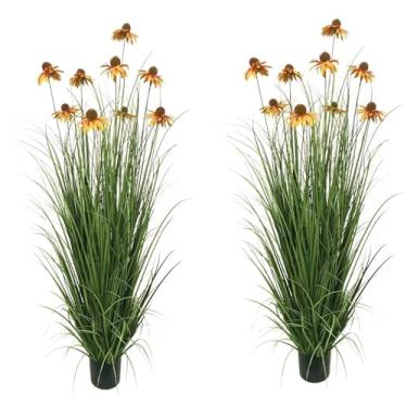 Imagem de WYUYIWH Planta de grama artificial de 116 cm com 9 flores amarelas realistas de equinácea - perfeita para decoração interna ou externa, presentes de inauguração de casa, decoração de grama falsa e