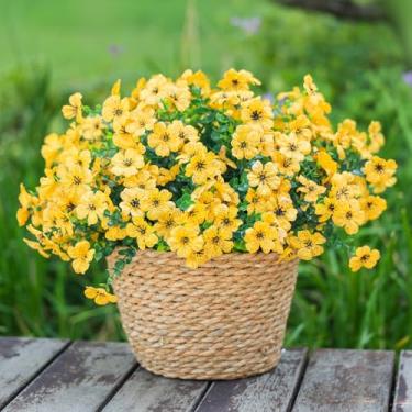 Imagem de BLISOUL Flores artificiais amarelas de outono para decoração ao ar livre, 12 pacotes de flores falsas para mães, margarida de seda realista resistente a UV com eucalipto para decoração de casa, jardim