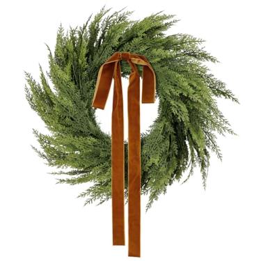 Imagem de Guirlandas de Natal para porta da frente, guirlanda de pinheiro de cedro artificial de 55 cm com laços de veludo para mesa, parede, janela, interior, exterior, inverno, férias, Natal, decoração verde