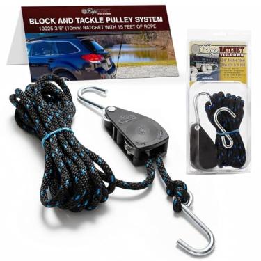 Imagem de Rope Ratchet Sistema de bloco e polia de 3/20.3 cm, grua ajustável para equipamentos de elevação, equipamento utilitário externo para elevação, tensionamento, fixação de equipamentos, corda trançada