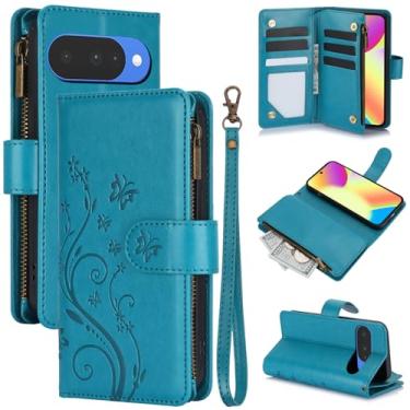 Imagem de Capa carteira para Google Pixel 9, couro sintético e TPU à prova de choque, 6 compartimentos para cartões/compartimento para dinheiro/bolso com zíper, fecho magnético, alça de pulso removível, suporte
