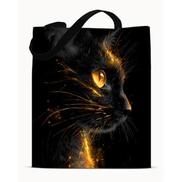 Imagem de Bolsa de ombro preta e dourada para animais - lona estética para gatos - bolsa de ombro reutilizável para compras, trabalho, viagem, praia