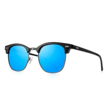 Imagem de Óculos de sol polarizados sem aro para homens e mulheres, óculos de sol clássicos de meia armação para dirigir, Armação preta/ponte cinza/lente espelhada azul, Lens Width: 51 Millimeters