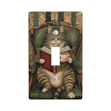 Imagem de Placa de cobertura para interruptor de luz de gato, tamanho padrão, estilo vitoriano, vintage, cadeira, pôster, animal, leitura, livro, marrom, verde, cinza, termoplástico, inquebrável, sala de jogos