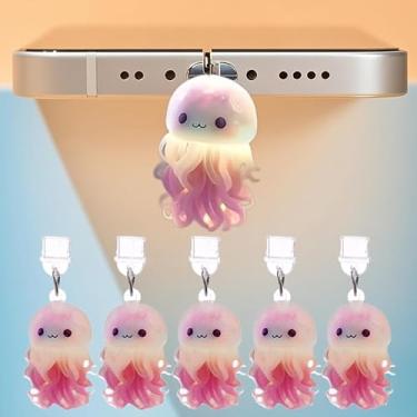 Imagem de 5 peças bonito polvo tipo-C plugue de pó acrílico decoração acessórios de telefone para iPhone 16 15 Samsung USB C plugue de poeira, rosa