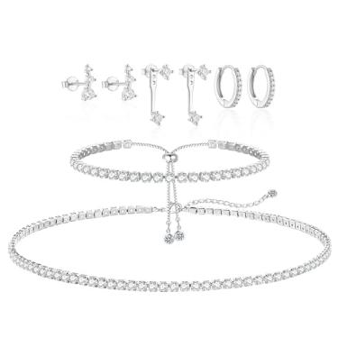 Imagem de Colar de tênis, pulseira para mulheres, colar de prata, brincos, conjunto de joias para mulheres, festas, formaturas, casamentos, noivas, damas de honra, zircônia cúbica, gargantilha de tênis, colar