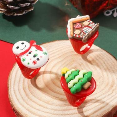Imagem de Anel adorável de desenho animado com 3 peças/conjunto de árvore de Natal vintage desenho de joias de Natal boneco de neve anel de resina de Natal (B)
